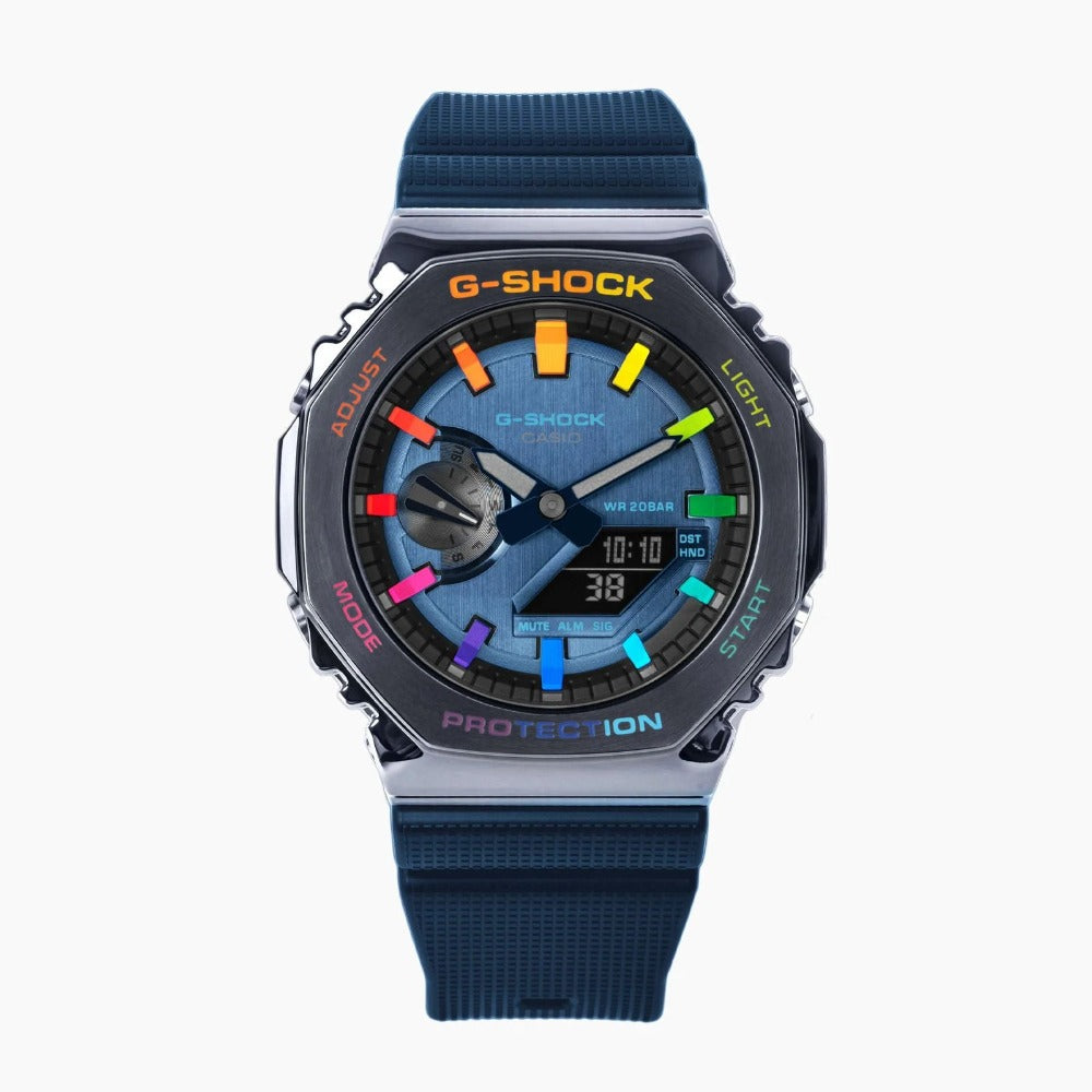 Modified G-Shock With Colourful Indices And Outer Case - CasiOak Blue-Metal Rainbow