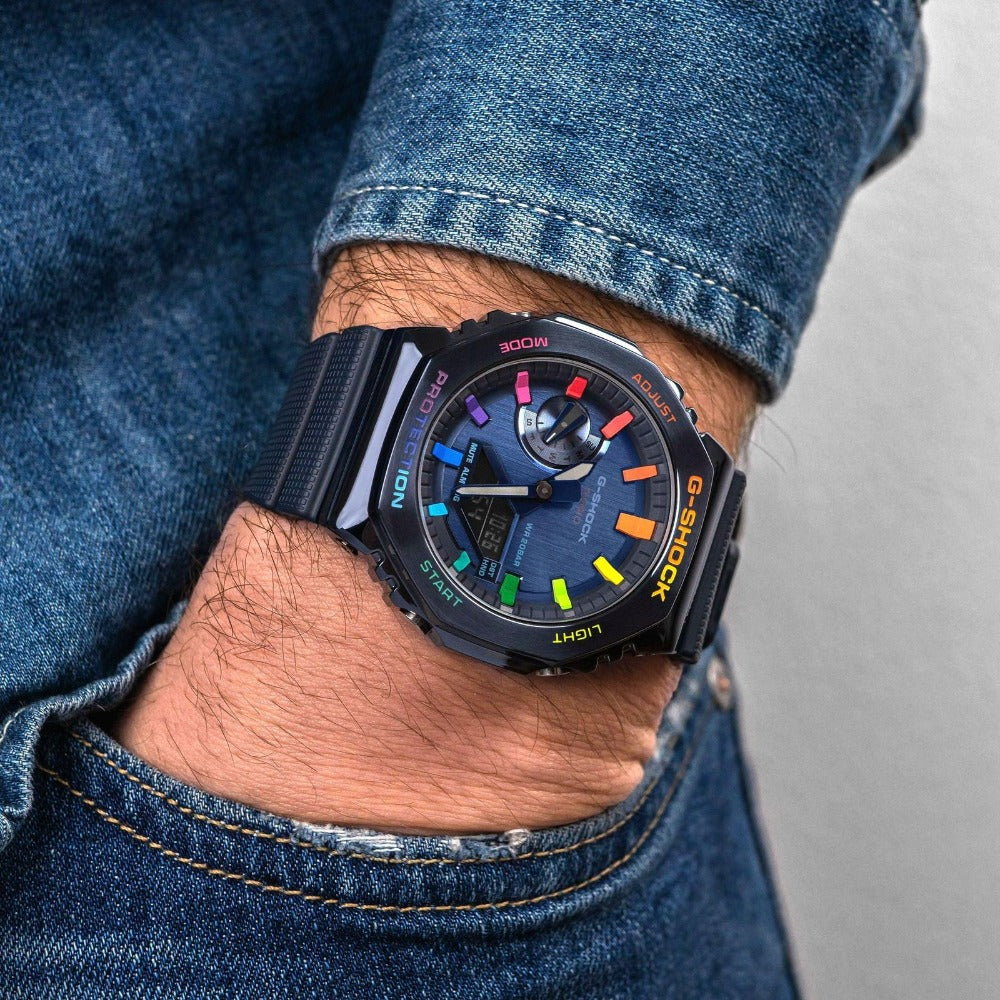 Modified G-Shock With Colourful Indices And Outer Case - CasiOak Blue-Metal Rainbow