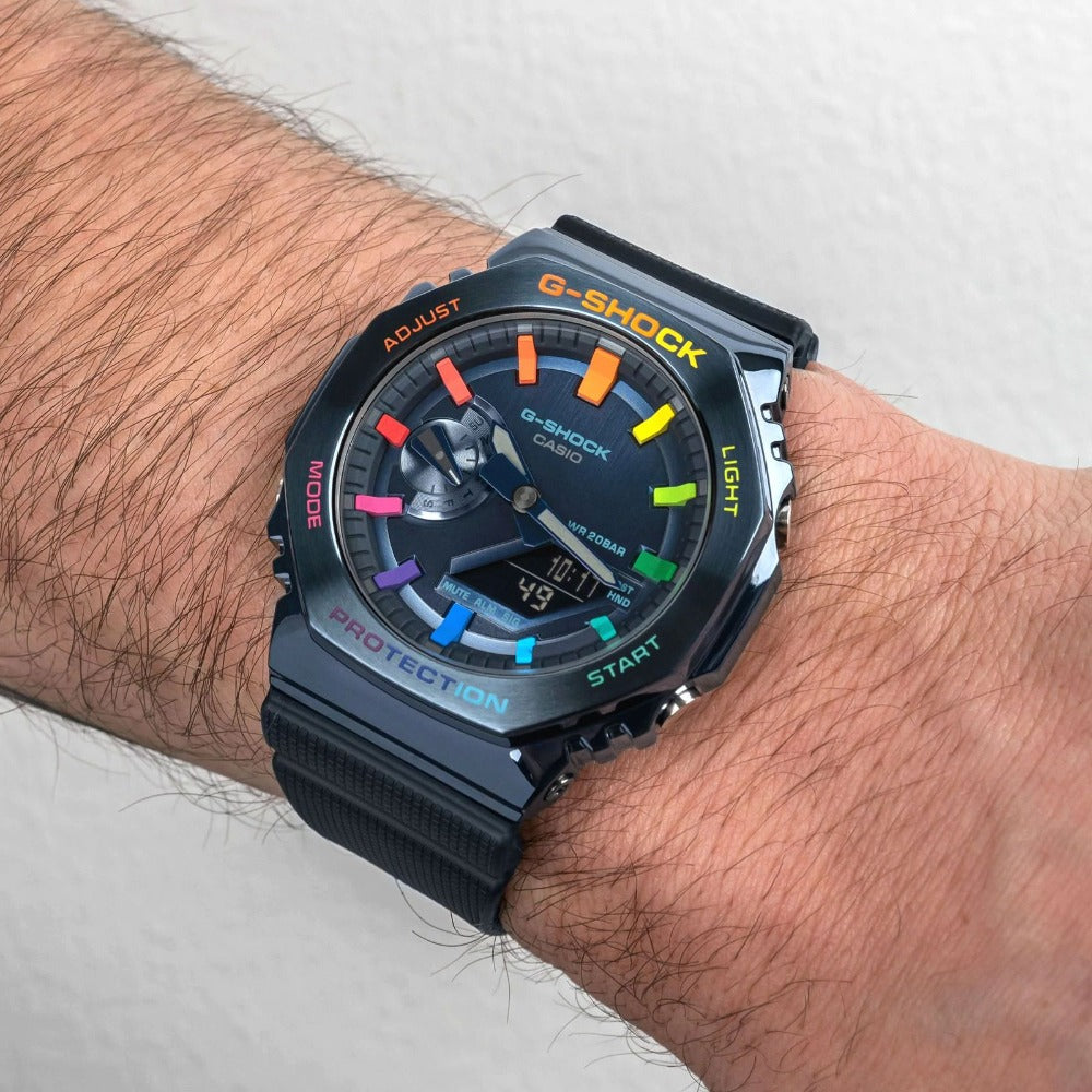 Modified G-Shock With Colourful Indices And Outer Case - CasiOak Blue-Metal Rainbow