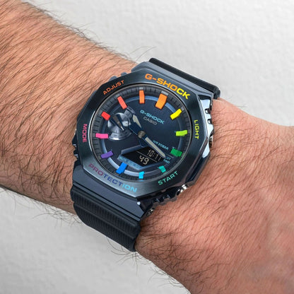 Modified G-Shock With Colourful Indices And Outer Case - CasiOak Blue-Metal Rainbow